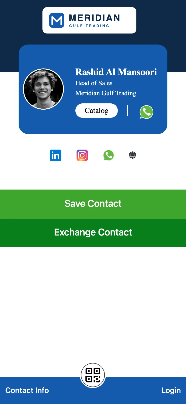 An employee's public smart card branded with the company logo and colours, with Save Contact and Exchange Contact buttons