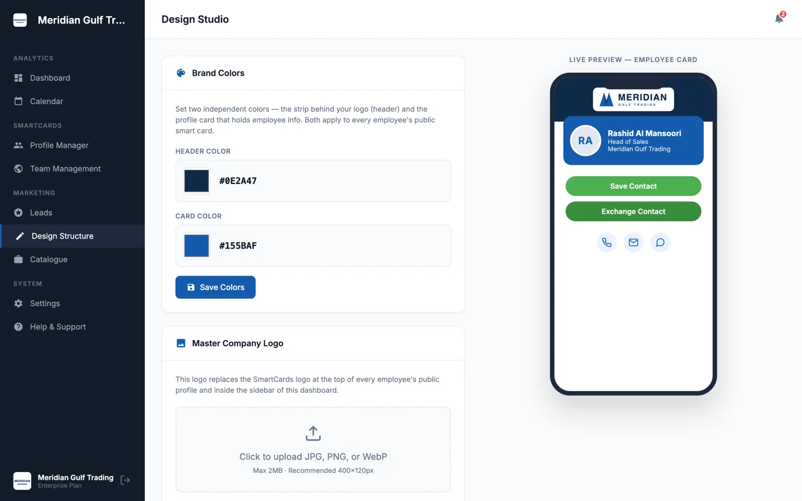 Design Studio with header and card colour pickers, company logo upload and a live phone preview of an employee card