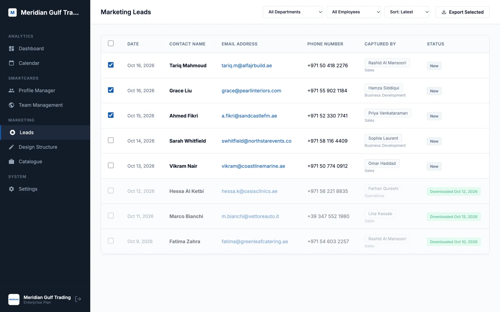Marketing Leads table with contact name, email, phone, the employee and team who captured each lead, and an Export Selected button